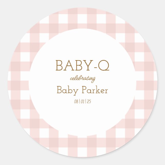 Simple Pink Gingham Baby Shower Sticker (Front)