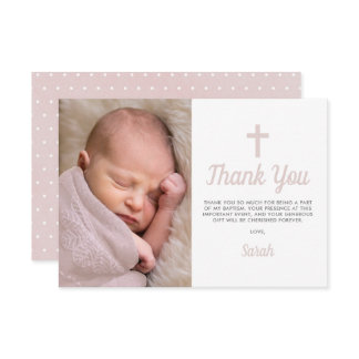 Simple Pink Girl Baptism Christening Photo Thank You Card