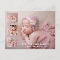 Simple Pink Girl Photo Collage Birth Announcement Postcard