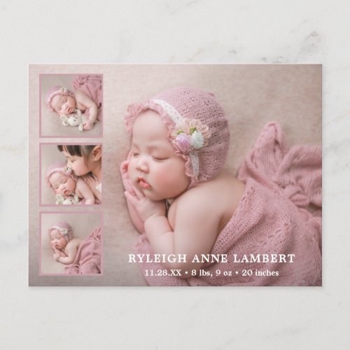 Simple Pink Girl Photo Collage Birth Announcement Postcard