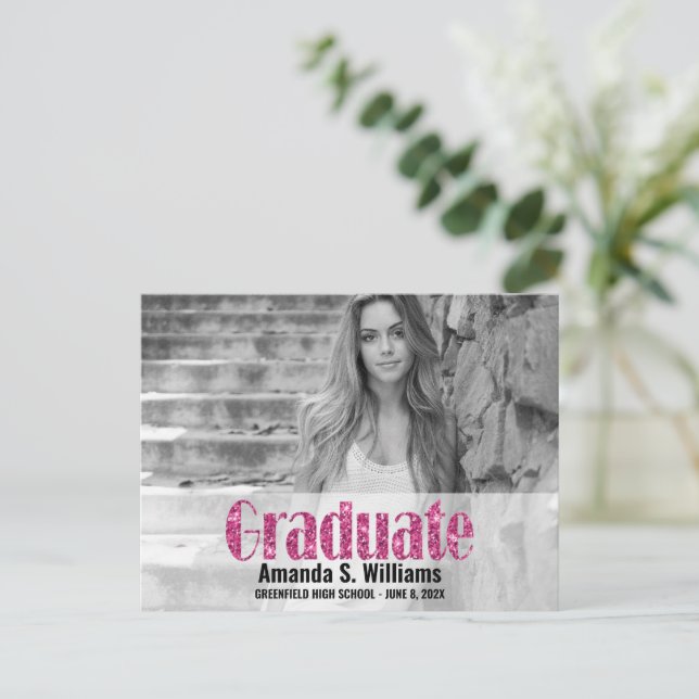 Simple Pink Glitter Photo Graduation Announcement  Postcard (Standing Front)