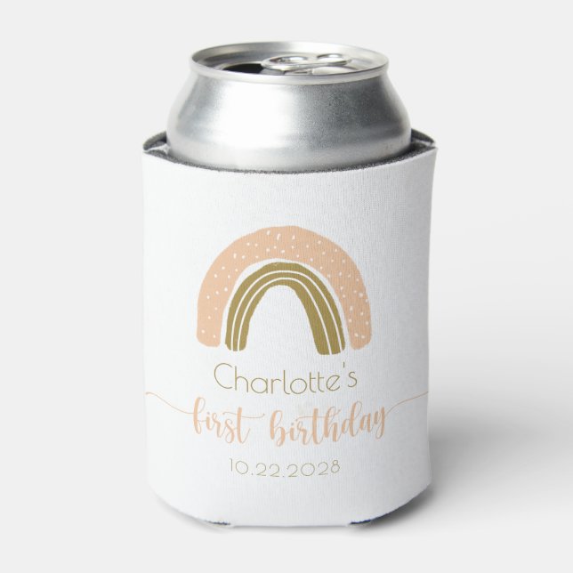 Simple Pink Gold Boho Rainbow First Birthday Can Cooler (Can Front)