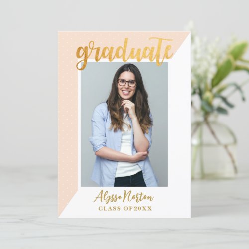 Simple Pink Gold Script Confetti Photo Graduation Card