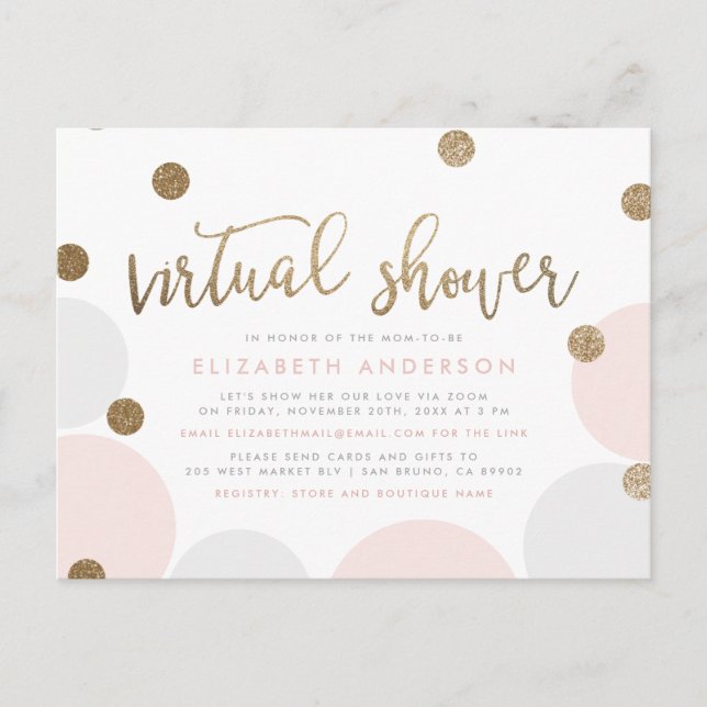 Simple Pink & Gold Glitter Confetti Virtual Shower Invitation Postcard (Front)