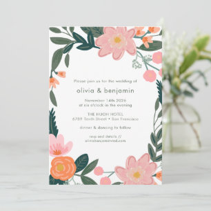 Simple Pink Green Backyard Garden Floral Wedding Invitation