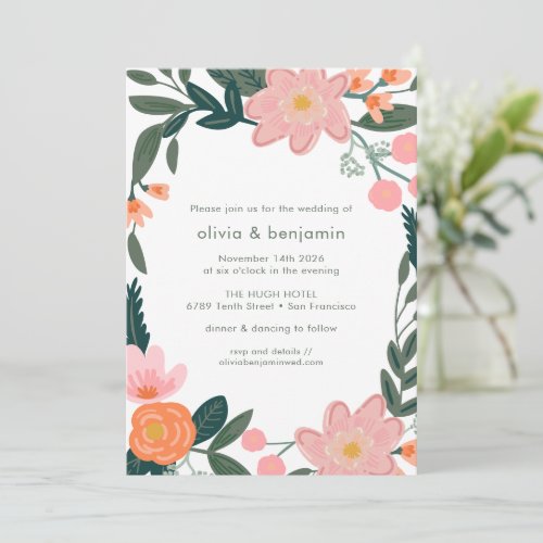 Simple Pink Green Backyard Garden Floral Wedding Invitation