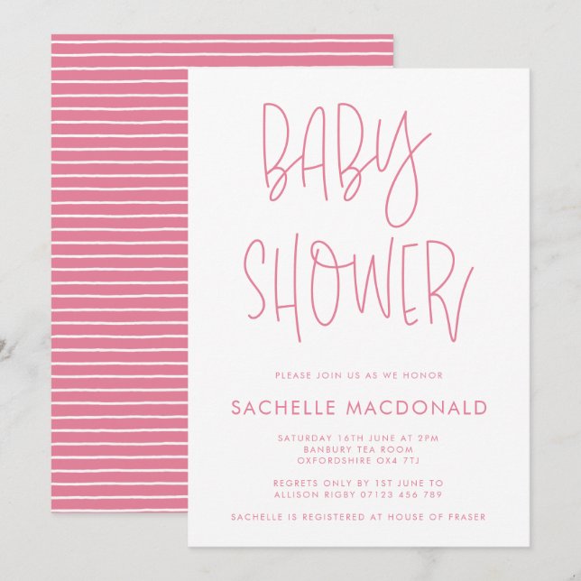 Simple Pink Handwriting Baby Shower Invitation (Front/Back)