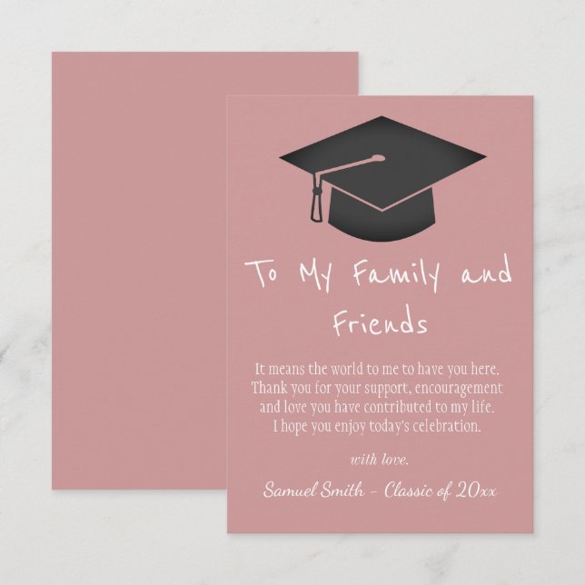 Simple Pink Handwriting Cap Tassel Graduation   Thank You Card (Front/Back)