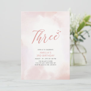 Simple Pink Heart Three 3rd Girl Birthday Party Invitation