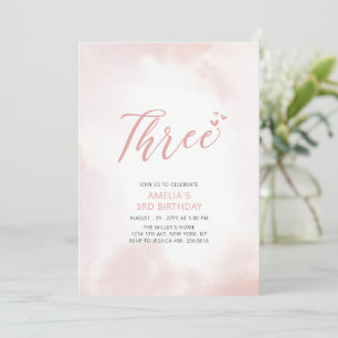 Simple Pink Heart Three 3rd Girl Birthday Party Invitation