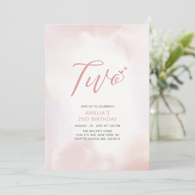 Simple Pink Heart Two 2nd Girl Birthday Party Invitation (Standing Front)