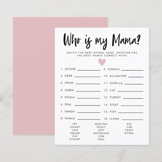 Simple Pink Heart Who Is My Mama Baby Shower Game (Front/Back)