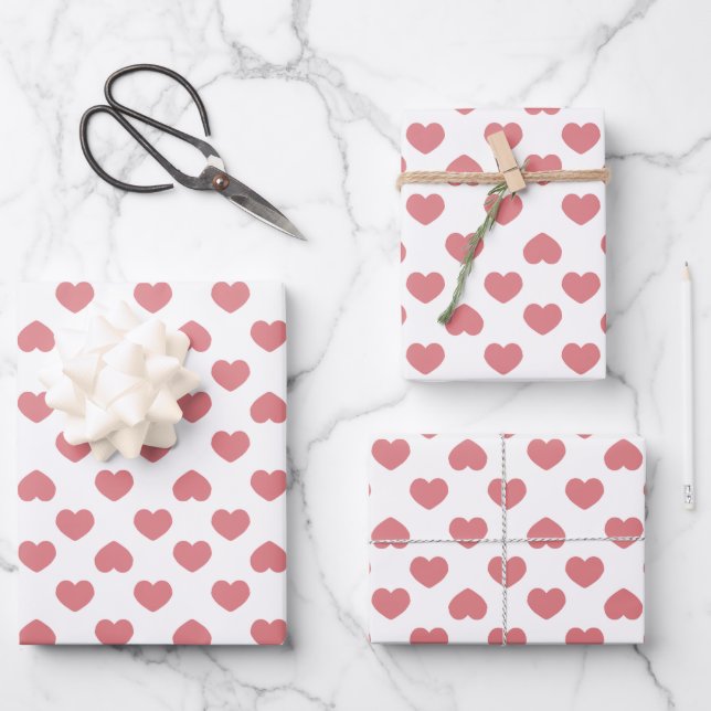 Simple Pink Hearts Minimalist Wrapping Paper Sheets (Front)