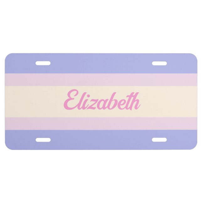 Simple Pink Lavender Pastel Stripes Script Name License Plate (Front)