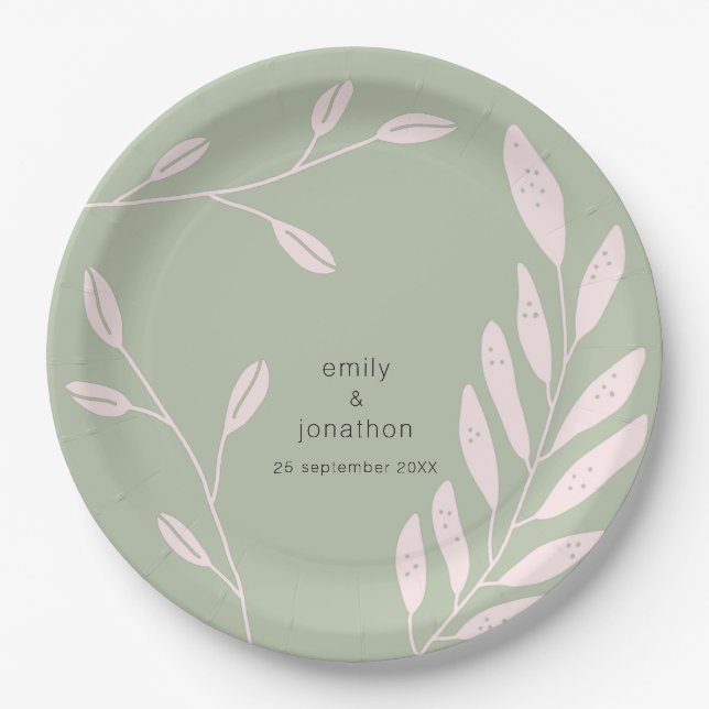 Simple Pink Leaves Names Date Sage Green Wedding Paper Plates (Front)