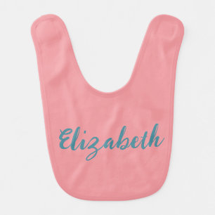 Simple Pink & Medium Blue Cursive Name Script Text Baby Bib