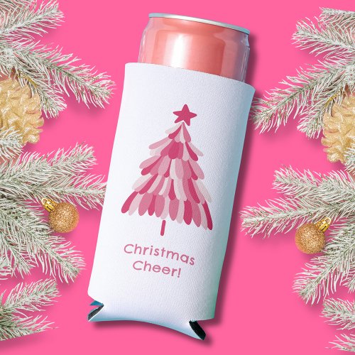 Simple Pink Merry Christmas Tree Seltzer Can Cooler