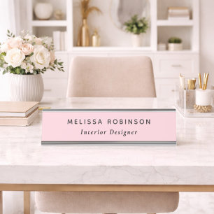 Simple Pink Minimal Custom Name & Profession Title Desk Name Plate