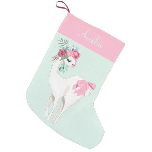 Simple Pink Mint Green Llama Girl Cute Small Christmas Stocking