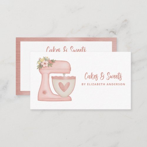 Simple Pink Mixer Floral Cake Bakery Business Card