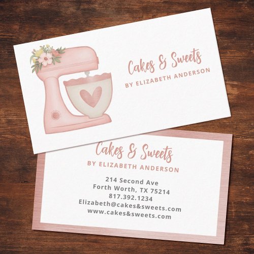 Simple Pink Mixer Floral Cake Bakery Business Card