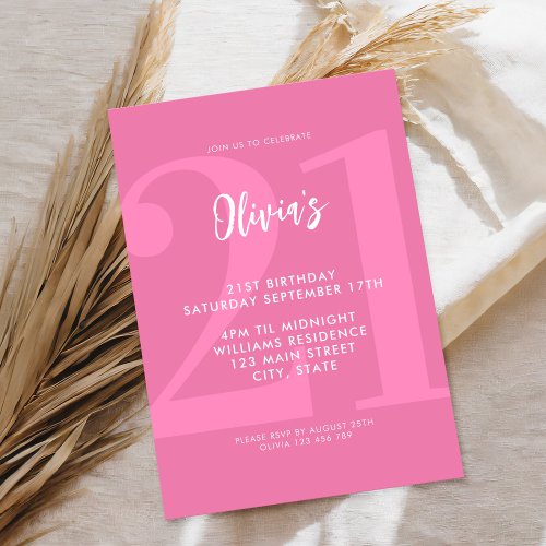 Simple Pink Modern 21st Birthday Invitation