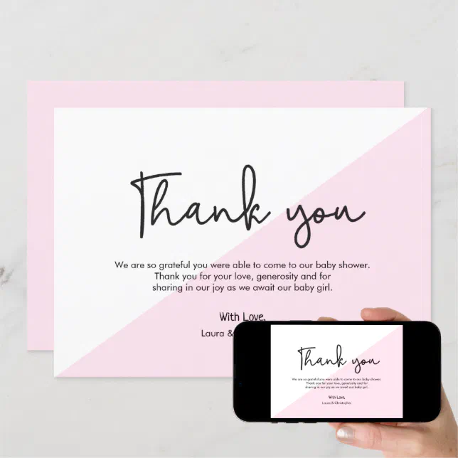 Simple Pink Modern Baby Girl Shower Thank You Invitation | Zazzle