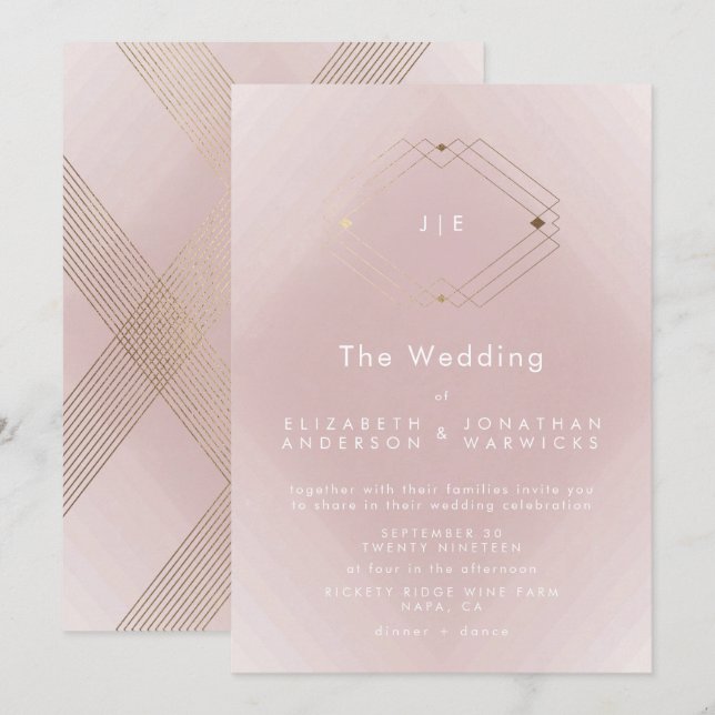 Simple Pink Modern Geometric Gold Wedding Invitation (Front/Back)