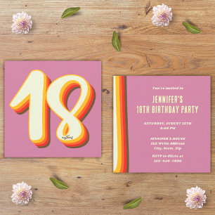 Simple Pink Modern Retro Groovy 18th Birthday Invitation