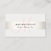 Simple Pink Monogram Modern FAUX Silver Striped Business Card (Front)
