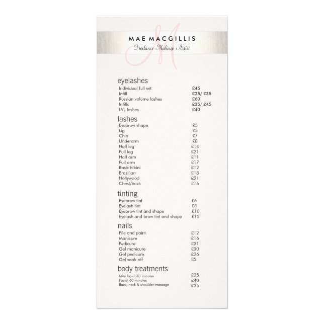 Simple Pink Monogram Salon Spa Price List Menu (Front)