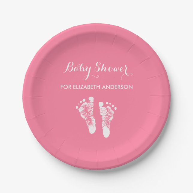 Simple Pink Newborn Footprints Girl Baby Shower Paper Plates (Front)