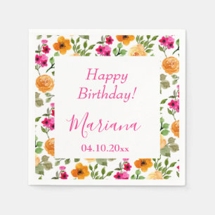 Simple Pink Orange Floral Birthday Party Napkins