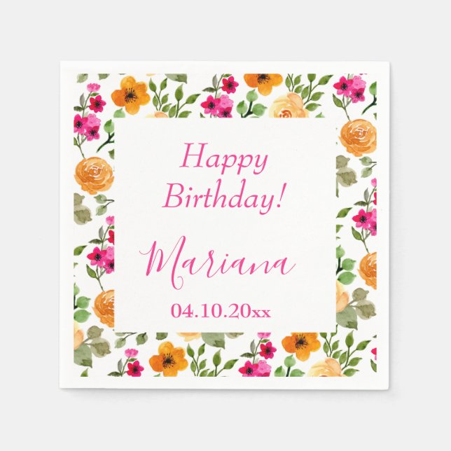 Simple Pink Orange Floral Birthday Party Napkins (Front)