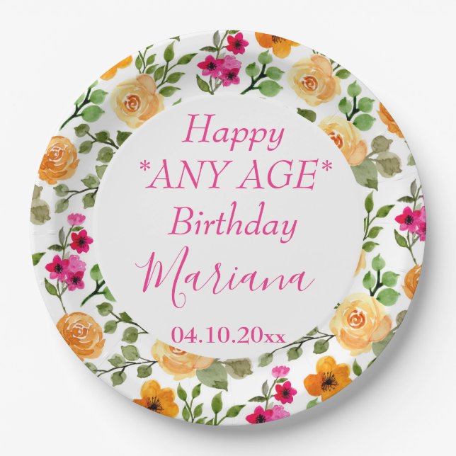 Simple Pink Orange Floral Birthday Party Paper Plates (Front)