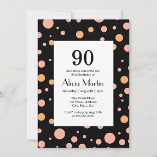 Simple Pink & Peach Polka Dot Black 90th Birthday Invitation