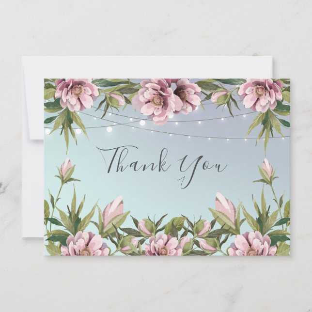 Simple pink peony, string lights wedding thank you card (Front)