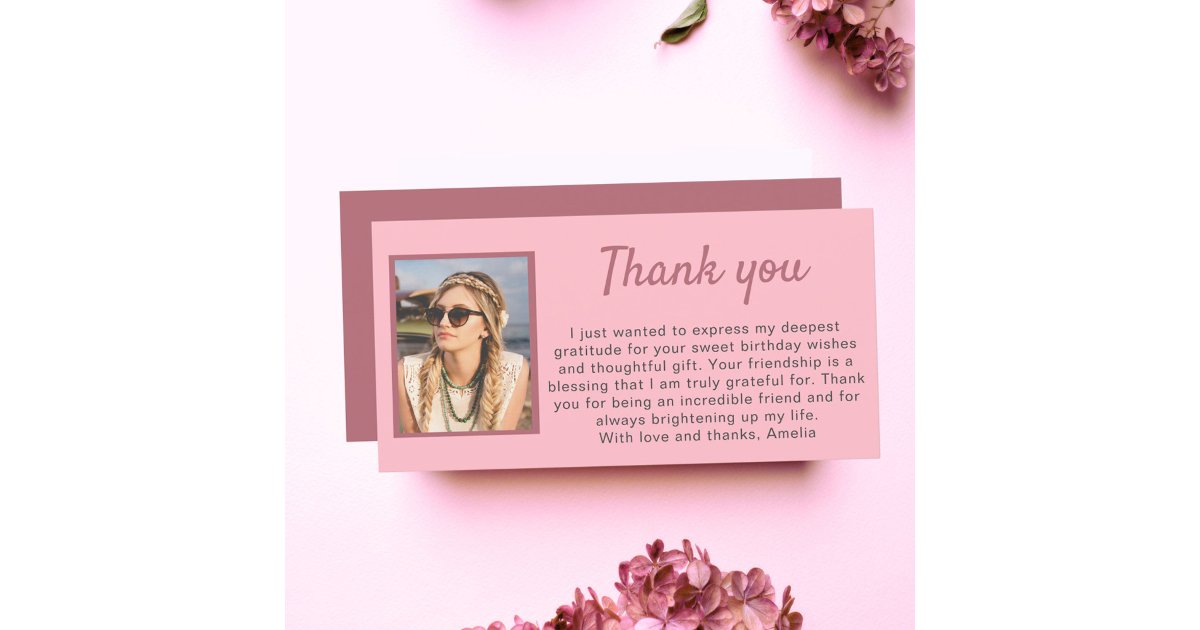 Simple Pink Photo Birthday Thank You Card | Zazzle