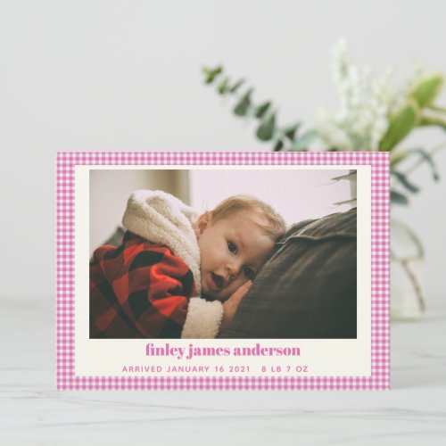 Simple Pink Plaid Baby Photo Custom Birth  Announc Announcement