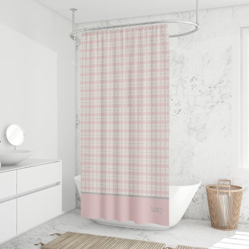 Simple Pink Plaid Custom Name Farmhouse  Shower Curtain