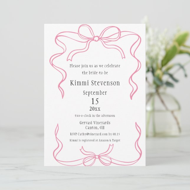Simple Pink Ribbon Frame Bridal Shower Invitation (Standing Front)