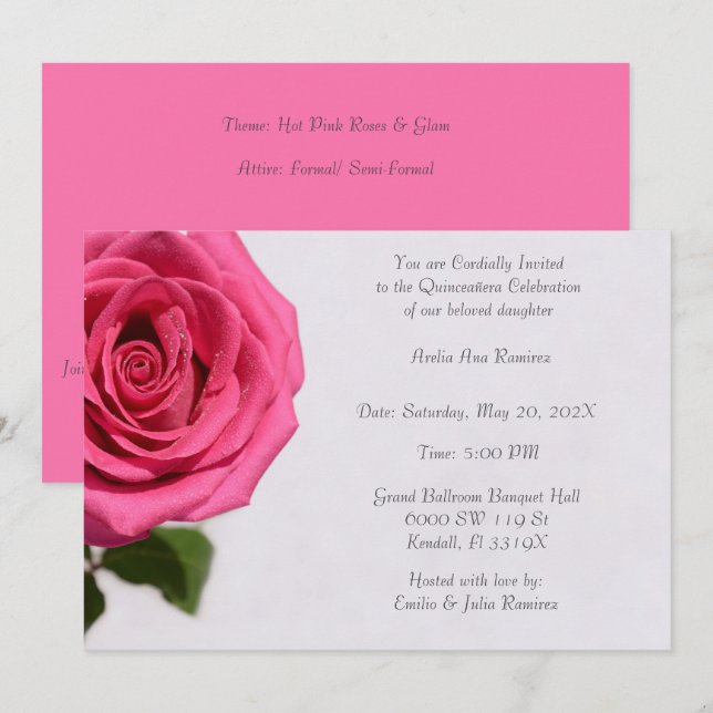 Simple Pink Rose Quinceañera Invitation (Front/Back)