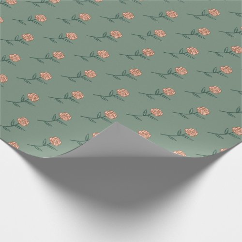 Simple Pink Roses Ditsy Floral Holiday Blue Gift Wrapping Paper
