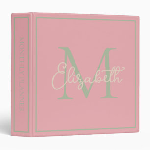Simple Pink Sage Green and Cream Monogram 3 Ring Binder