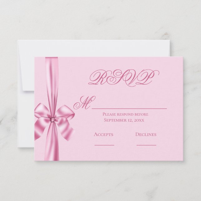  Simple Pink Satin Ribbon Wedding RSVP Card (Front)
