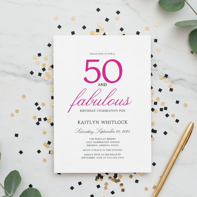 Simple Pink Script 50 and Fabulous 50th Birthday Invitation (modern elegant pink script fifty and fabulous 50th birthday party invitation with full photo)