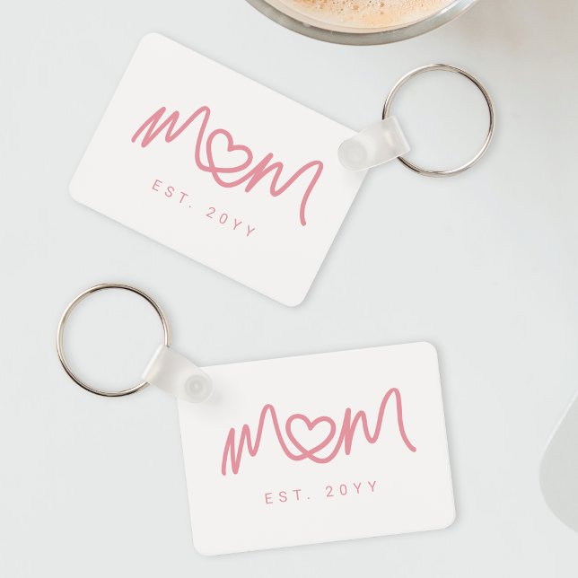 Simple Pink Script Heart Cute New Mom Established Keychain (Simple Pink Script Heart Cute New Mom Established Keychain)