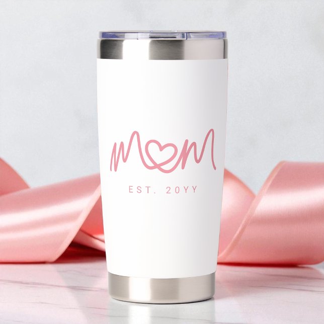 Simple Pink Script Heart Est Year Mom Established Insulated Tumbler (Simple Pink Script Heart Est Year Mom Established Insulated Tumbler)