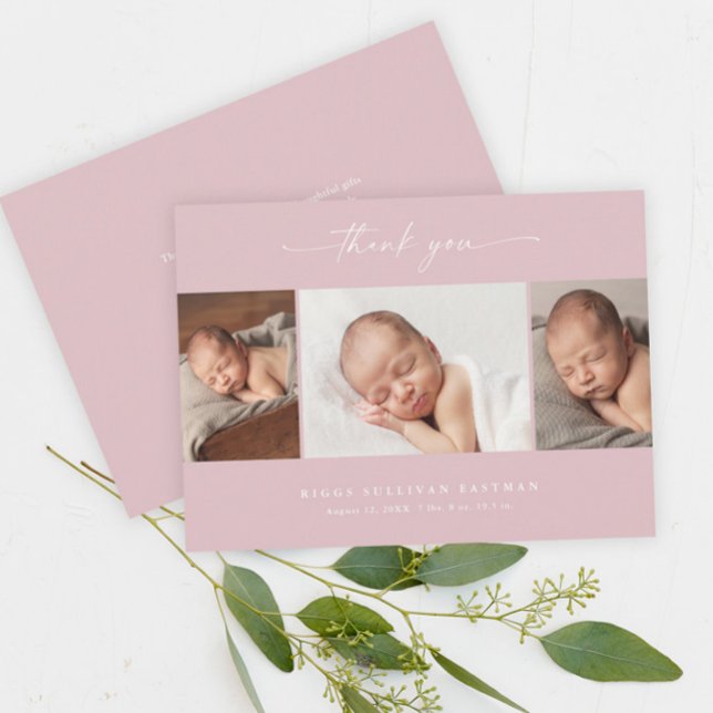 Simple Pink Script Photo Collage Baby Thank You Card (Elegant script dusty pink 3 photo baby thank you card announcements.)