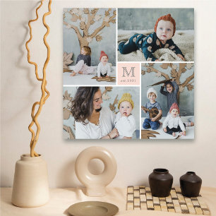 Simple Pink Square Child's Name Initial 4 Photo Canvas Print